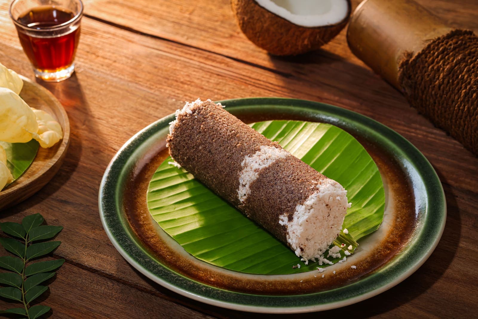 A millet puttu resting on a banana leaf beside coconut and tea