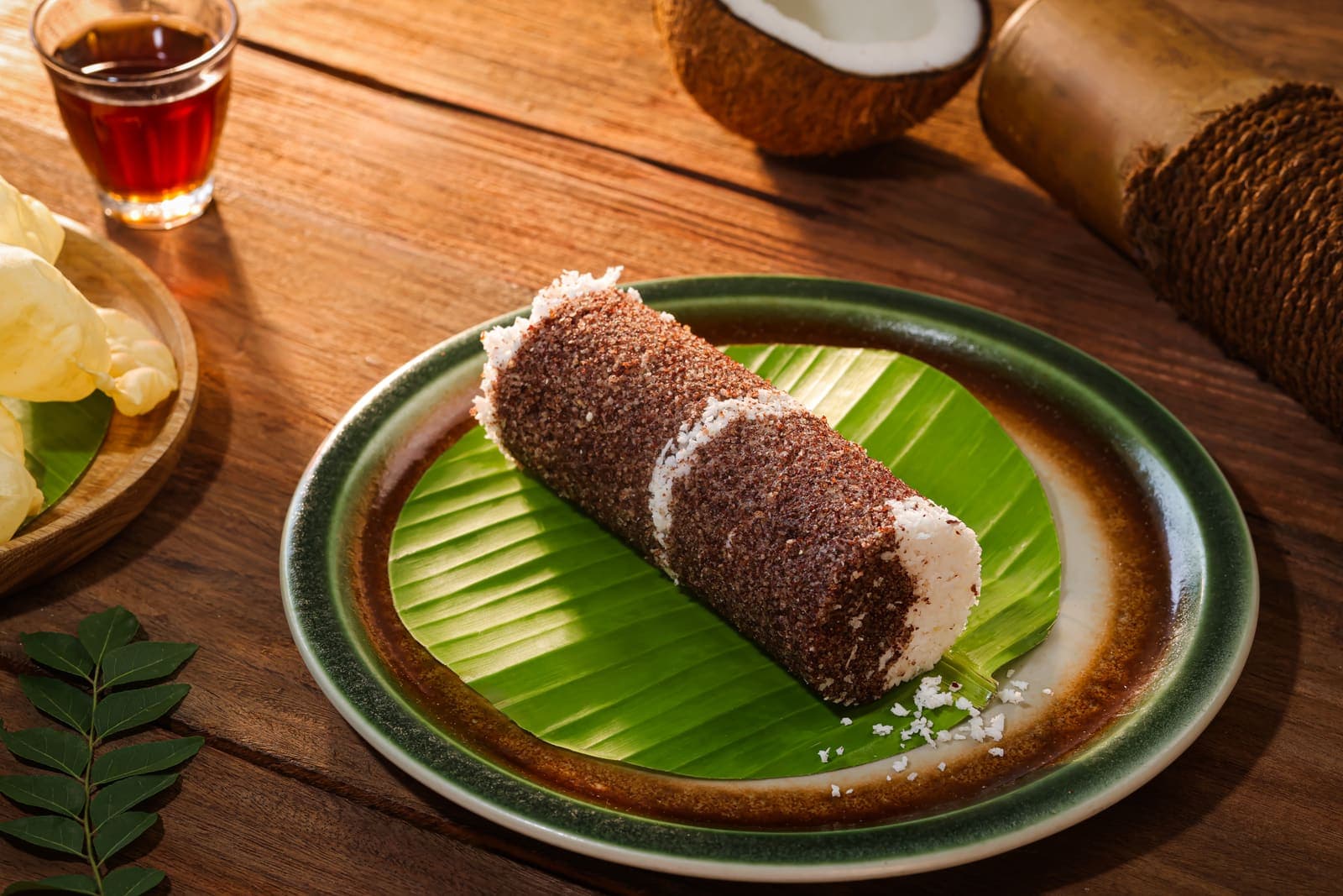 A raagi puttu on a banana leaf, dark finger millet layered with fresh white coconut